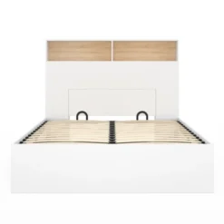 Lit coffre double avec tête de lit, rangements et sommier blanc et bois