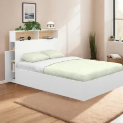 Lit coffre double avec tête de lit, rangements et sommier blanc et bois