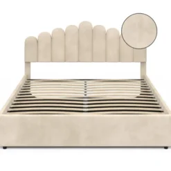 Lit coffre double avec tête de lit et sommier 160 x 200 cm velours beige