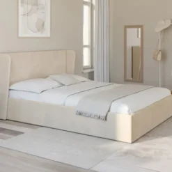 Lit coffre double avec tête de lit enveloppante et sommier 140 x 190 cm velours beige