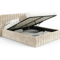 Lit coffre double avec tête de lit en velours beige 160x200 cm