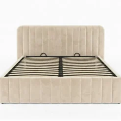 Lit coffre double avec tête de lit en velours beige 160x200 cm