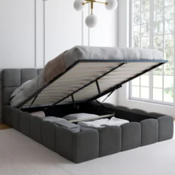 Lit coffre double NUAGE avec tête de lit matelassée et sommier 140 x 190 cm velours gris
