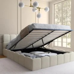 Lit coffre double NUAGE avec tête de lit matelassée et sommier 160 x 200 cm tissu bouclette blanc