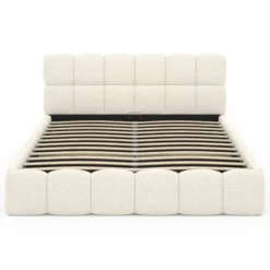 Lit coffre double NUAGE avec tête de lit matelassée et sommier 160 x 200 cm tissu bouclette blanc