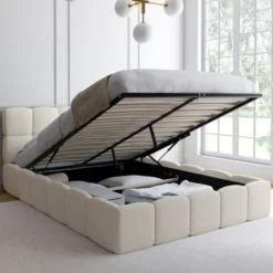 Lit coffre double tissu bouclette avec sommier 140 x 190 cm et tête de lit matelassée blanc