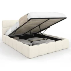 Lit coffre double tissu bouclette avec sommier 140 x 190 cm et tête de lit matelassée blanc