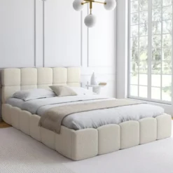 Lit coffre double tissu bouclette avec sommier 140 x 190 cm et tête de lit matelassée blanc