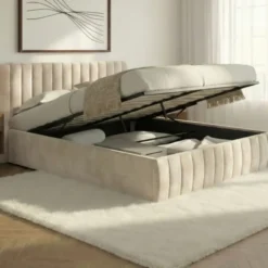Lit coffre velours beige 140x190 avec sommier et tête de lit