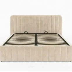 Lit coffre velours beige 140x190 avec sommier et tête de lit