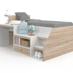 Lit combiné avec sommier, bureau et rangement 90 x 190 cm hêtre et blanc
