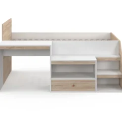 Lit combiné avec sommier, bureau et rangement 90 x 190 cm hêtre et blanc