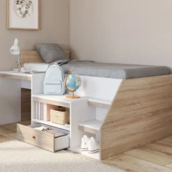 Lit combiné avec sommier, bureau et rangement 90 x 190 cm hêtre et blanc