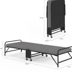 Lit d’appoint pliant 1 personne en métal avec sommier et matelas 70x190 cm gris et noir