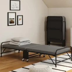 Lit d’appoint pliant 1 personne en métal avec sommier et matelas 70x190 cm gris et noir