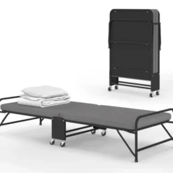 Lit d’appoint pliant 1 personne en métal avec sommier et matelas 70x190 cm gris et noir