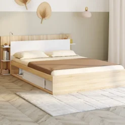 Lit double avec rangements, sommier et tête de lit 140 x 190 cm bois et blanc