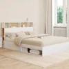 Lit double avec rangements + tête de lit et sommier 160 x 200 cm blanc et hêtre