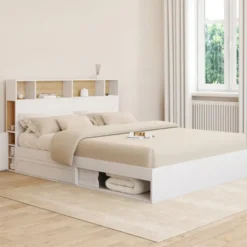 Lit double avec rangements + tête de lit et sommier 160 x 200 cm blanc et hêtre