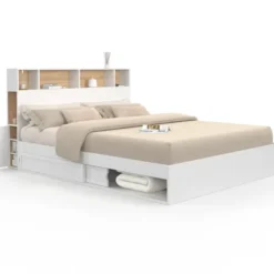 Lit double avec rangements + tête de lit et sommier 160 x 200 cm blanc et hêtre