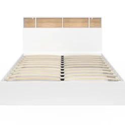 Lit double avec rangements + tête de lit et sommier 160 x 200 cm blanc et hêtre