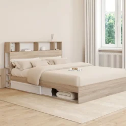 Lit double avec rangements + tête de lit et sommier 160 x 200 cm hêtre et blanc
