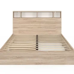 Lit double avec rangements + tête de lit et sommier 160 x 200 cm hêtre et blanc