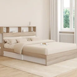 Lit double avec rangements + tête de lit et sommier 160 x 200 cm hêtre et blanc