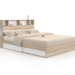 Lit double avec rangements + tête de lit et sommier 160 x 200 cm hêtre et blanc