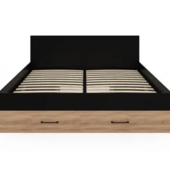 Lit double avec rangement 140x190 cm avec tête de lit hêtre et noir