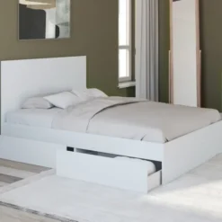 Lit double blanc 4 tiroirs sur roulettes avec tête de lit