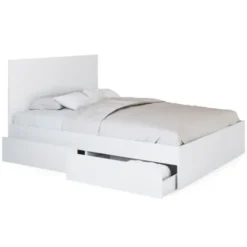 Lit double blanc 4 tiroirs sur roulettes avec tête de lit
