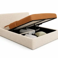 Lit double coffre de 140 x 190 cm en tissu bouclette avec des rangements XL, une tête de lit et un sommier