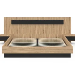 Lit double de 180 x 200 cm avec tête de lit, tables de chevet et sommier bois et noir