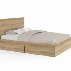 Lit double façon hêtre 4 tiroirs sur roulettes avec tête de lit
