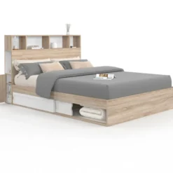 Lit double hêtre et blanc avec rangements + tête de lit et sommier 140x190 cm