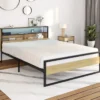 Lit double LED intégrés dans la tête de lit et sommier 140x190 cm effet bois et métal noir style industriel