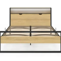 Lit double LED intégrés dans la tête de lit et sommier 140x190 cm effet bois et métal noir style industriel