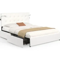 Lit double 140 x 190 avec liseuses et 2 tiroirs sur roulettes