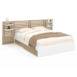 Lit double 140x190 blanc et hêtre avec rangement, tête de lit et chevets