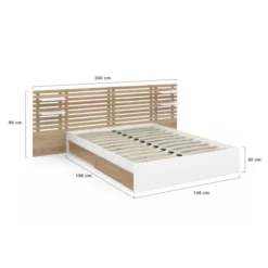 Lit double 140x190 blanc et hêtre avec rangement, tête de lit et chevets