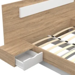 Lit double 140 x 190 cm avec tête de lit et tables de chevet bois et blanc