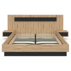 Lit double 160x200 cm bois et noir avec tête de lit et tables de chevet