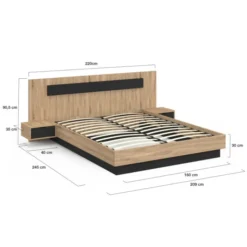 Lit double 160x200 cm bois et noir avec tête de lit et tables de chevet