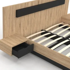 Lit double 160x200 cm bois et noir avec tête de lit et tables de chevet