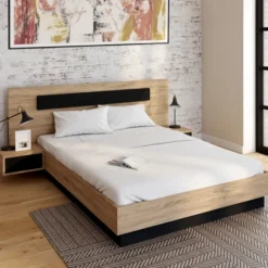 Lit double 140x190 cm tête de lit sommier avec chevets suspendus bois et noir