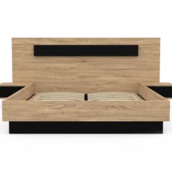 Lit double 140x190 cm tête de lit sommier avec chevets suspendus bois et noir