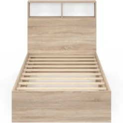 Lit 1 personne sommier 90x190 cm hêtre et blanc avec rangement et tête de lit