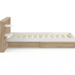 Lit simple avec tête de lit, chevets, rangements et sommier 90 x 190 cm façon hêtre et blanc