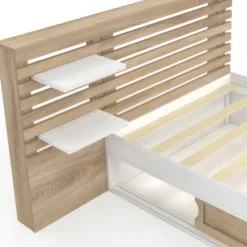Lit simple avec tête de lit, chevets, rangements et sommier 90 x 190 cm façon hêtre et blanc